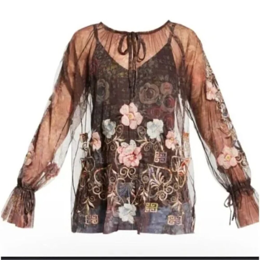 Johnny Was Tillie Mesh Embroidered blouse